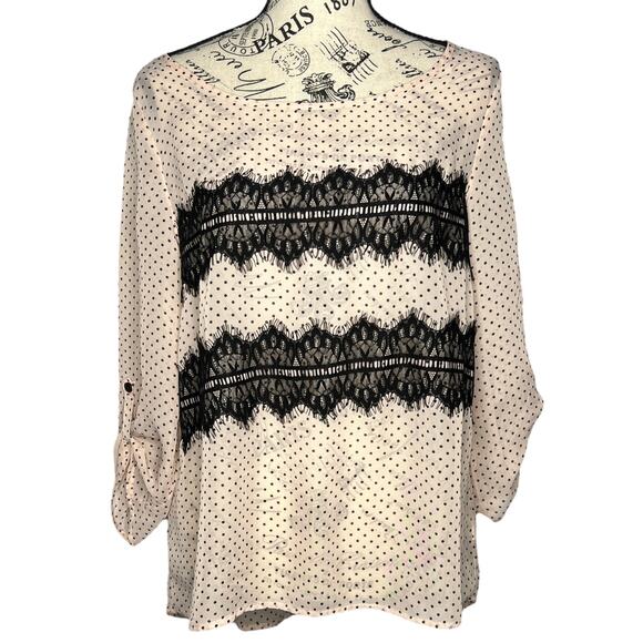 Maurices MEDIUM Peach Polka Dot Lace Fringe Detail Roll Tab Semi-Sheer Blouse - Picture 1 of 7